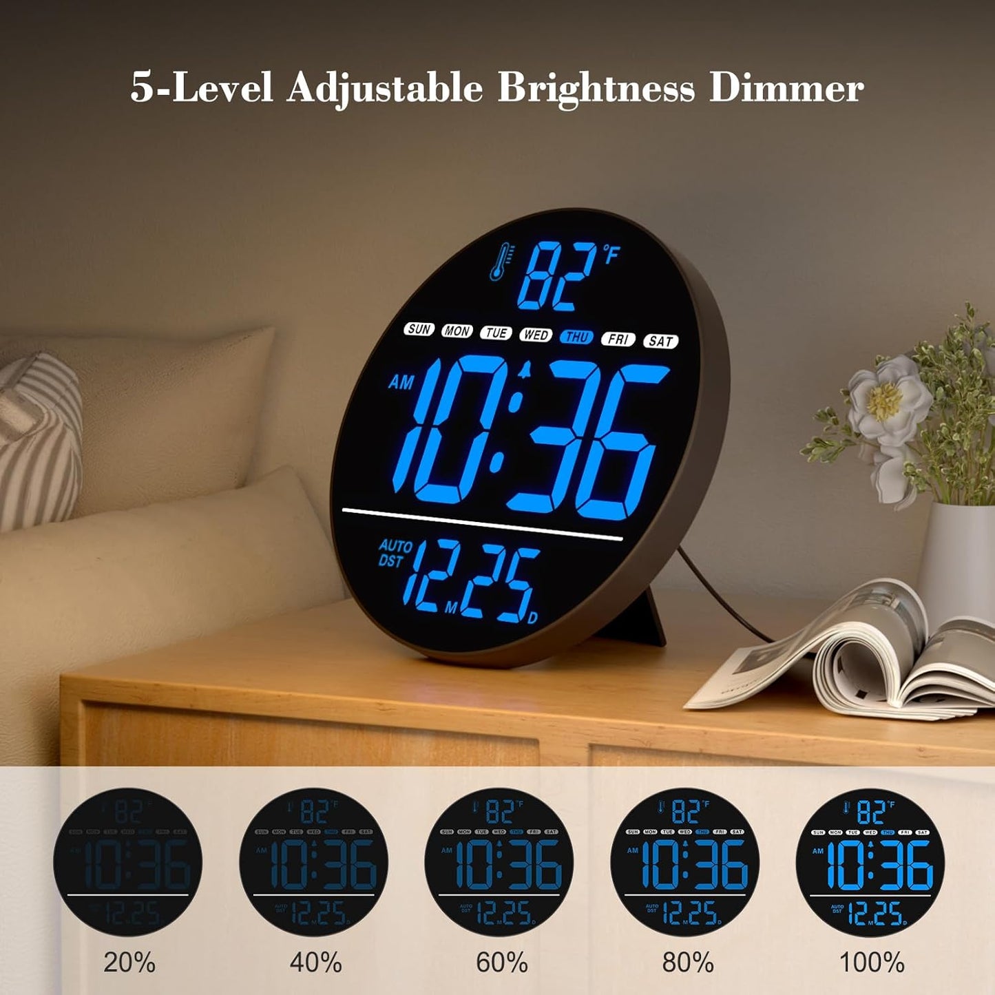 WallarGe Large Digital Wall Clock with LED Display, Electric Wall Clock with Temperature, Auto DST, Date, and Day, 5-Level Brightness for Office, Bedroom, Living Room, Classroom Décor