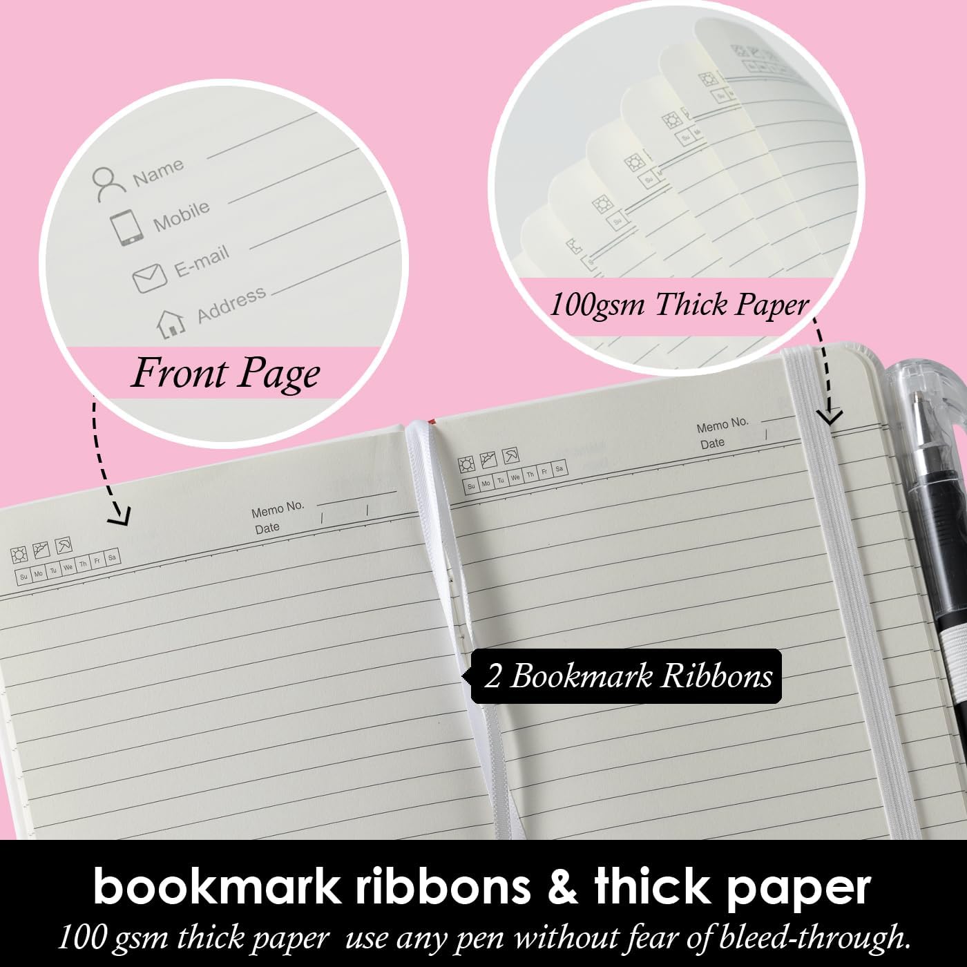 Small Notebook Pocket Size Journal 3.7" x 5.7", 3 Pack, (White, Grey, Black), 408 Pages, A6 Mini Notepad with Pen, Small Leather Note Book, 100GSM Lined paper, Hardcover