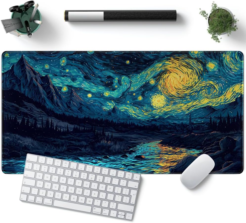 Misty Forest Desk Pad Mat Vincent Van Gogh XL Mouse Pad Gaming Playmat Large Mousepad XXL Desk Laptop Pad Equipped with Waterproof Storage Bag Non-Slip Stitched Edges (31.5x15.7 in)