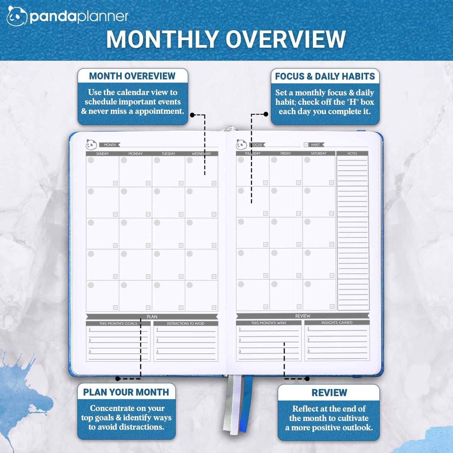 Panda Planner 2025-2026 – Undated Classic Daily Planner & Hourly Schedule Planner Notebook – Productivity Planner for Focus & Goals – Blue