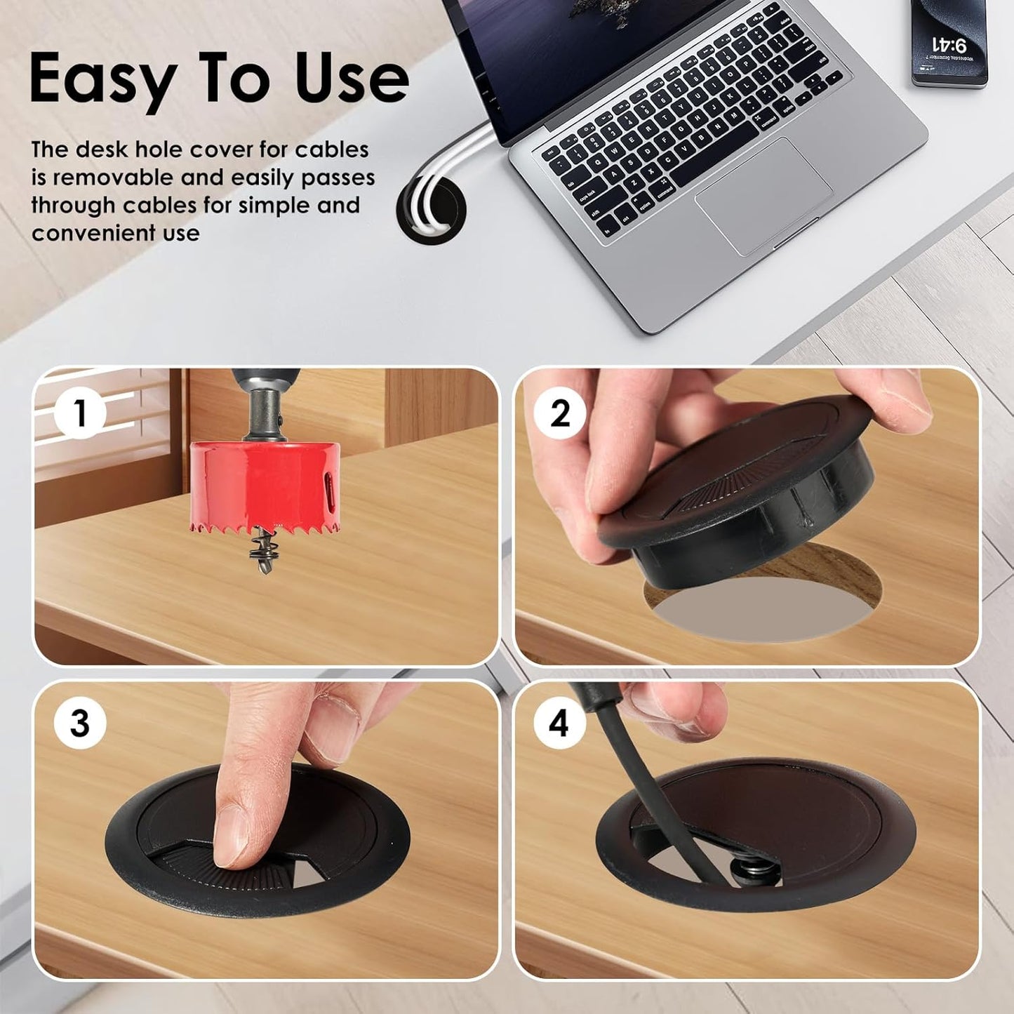 Desk Grommet 2 Inch (50 mm) 12 Pieces, Desk Hole Cover for Cables, Desk Wire Hole Insert, 2" Desk Hole Grommet, Cable Grommet, Desk Cord Hole Cover, Desk Cable Hole Cover with Hole Saw - Black