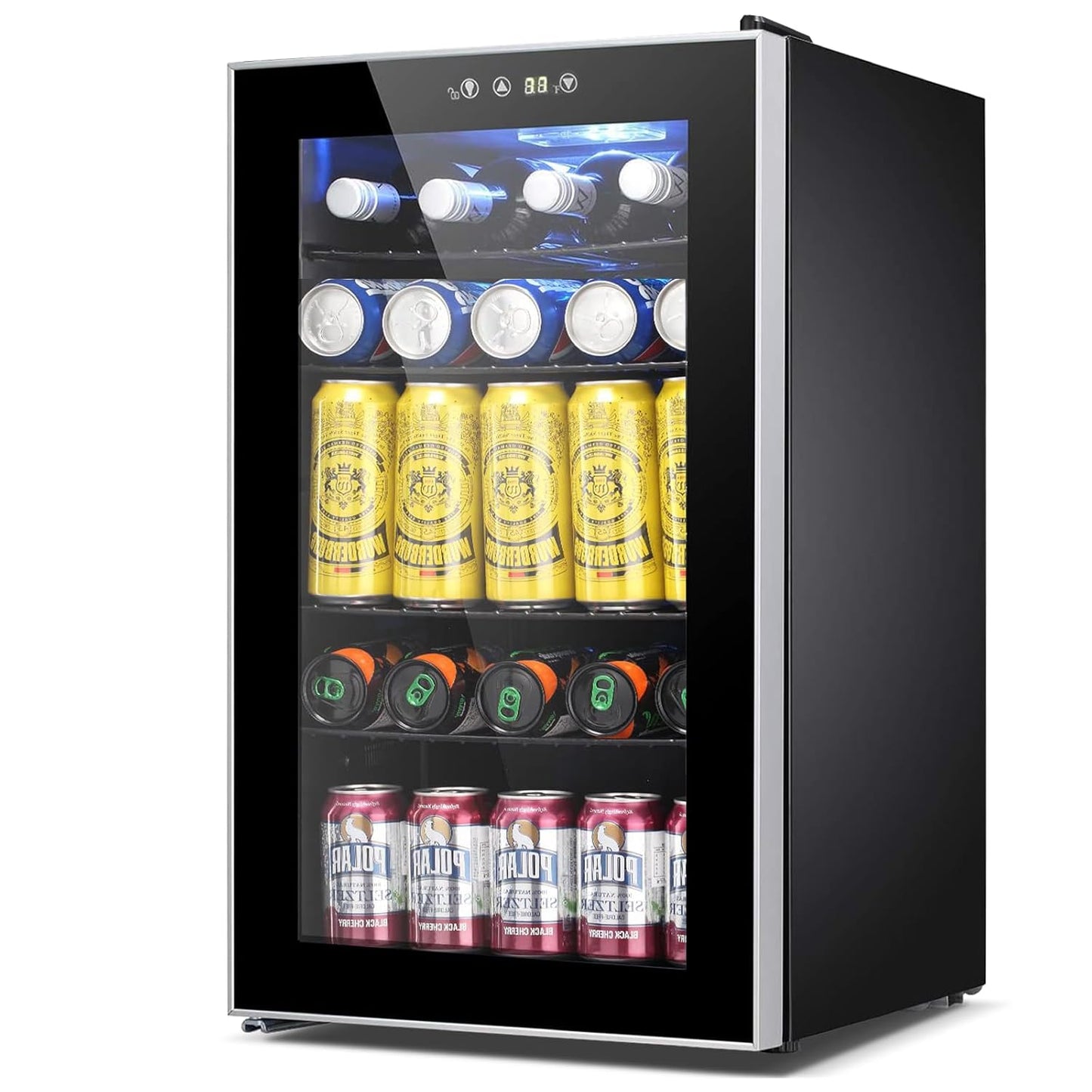 COWSAR Mini Fridge Cooler, 95 Can Beverage Refrigerator with Glass Door, ETL Approved Wine Fridge with Digital Temperature Control, LED Light for Home, Office, Bar, and Game Room - 2.6 Cu.Ft. Black