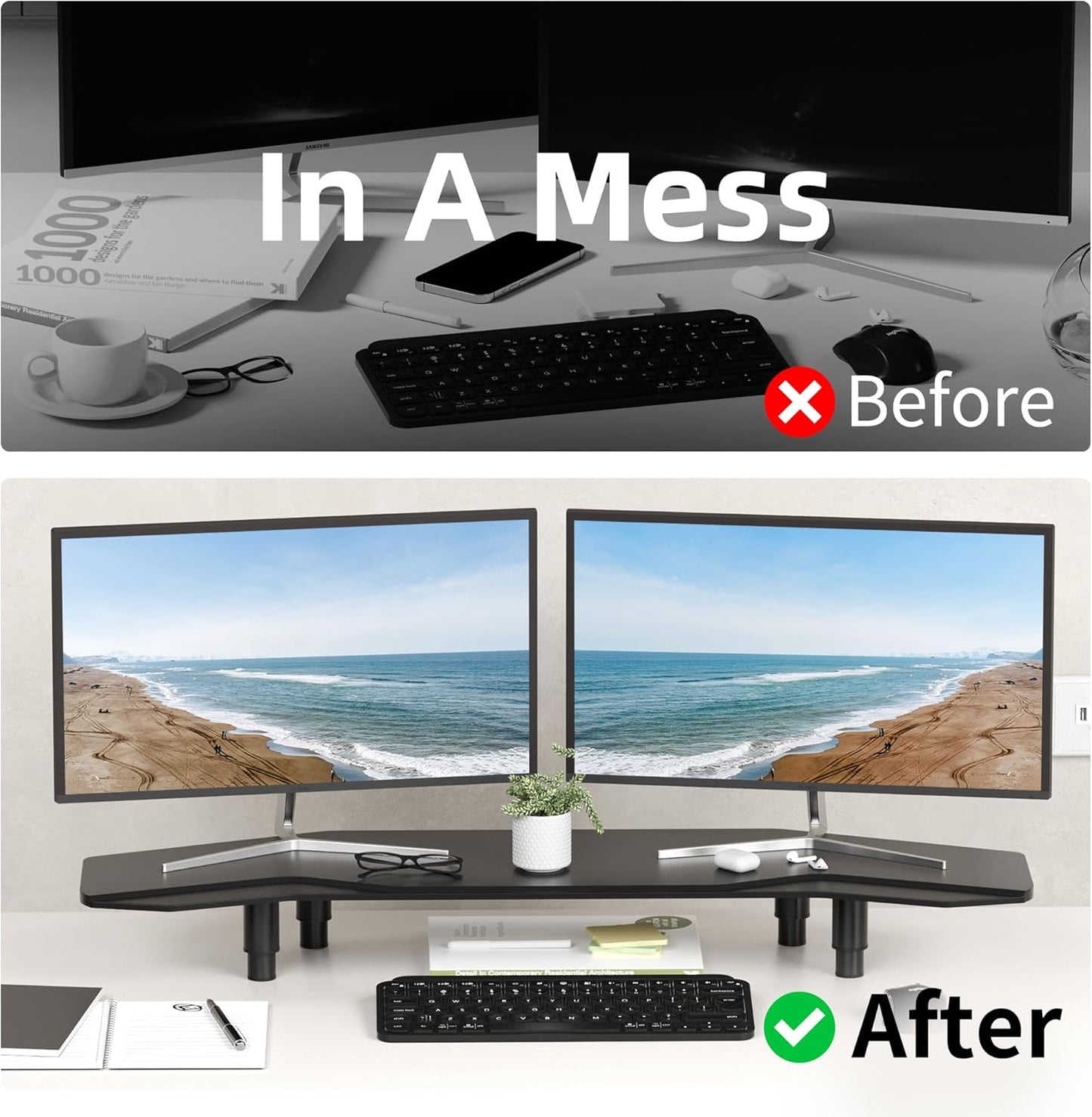 39.4 Inch Dual Monitor Stand Riser Black,Plane Wing-Shaped Sturdy Computer Desk Riser for 2 Monitors, Adjustable Length and Wood Monitor Stand for Laptop, Computer,Extra Long