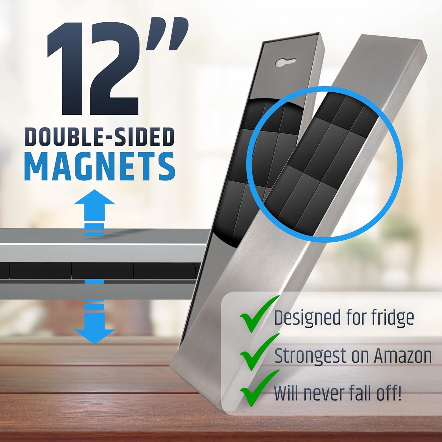 Fridge Applicable Stainless Steel Magnetic Knife Holder With Anti-Slide Upgrade - 12 Inch Professional Double Sided Strip for Refrigerator - Rack/Bar With Powerful Pull Force