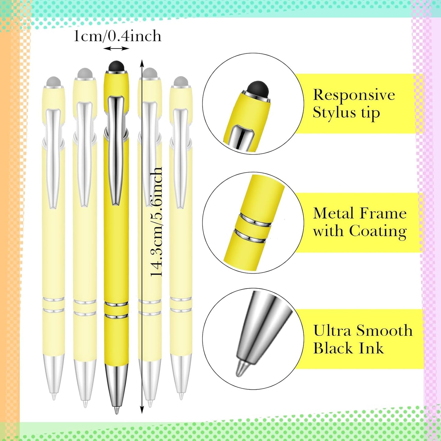 Zonon 38 Pieces Rubberized Ballpoint Pen with Stylus Tip Stylish Metal Pen Capacitive Styli with Soft Rubberized Grip, Black Ink for Most Devices(Yellow)