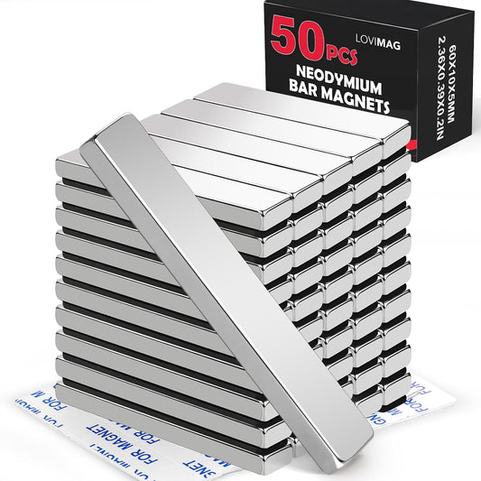 LOVIMAG Waterproof Strong Neodymium Bar Magnets, Refrigerator Magnets with Double- Sided Adhesive, Heavy Duty Magnet for Shower Door,Fridge,Office,Scientific Etc, 60 x 10 x 5 mm, Pack of 50