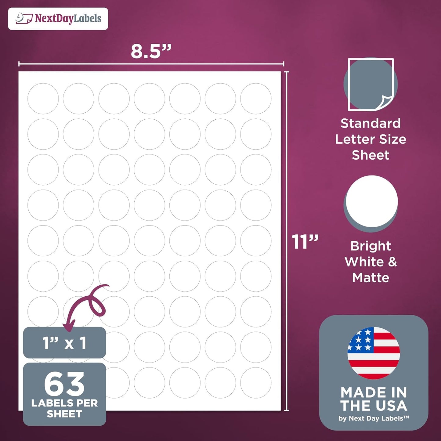 NextDayLabels - Laser/Ink Jet White Labels (1" Round - 63 Per Page | 6300 Labels)