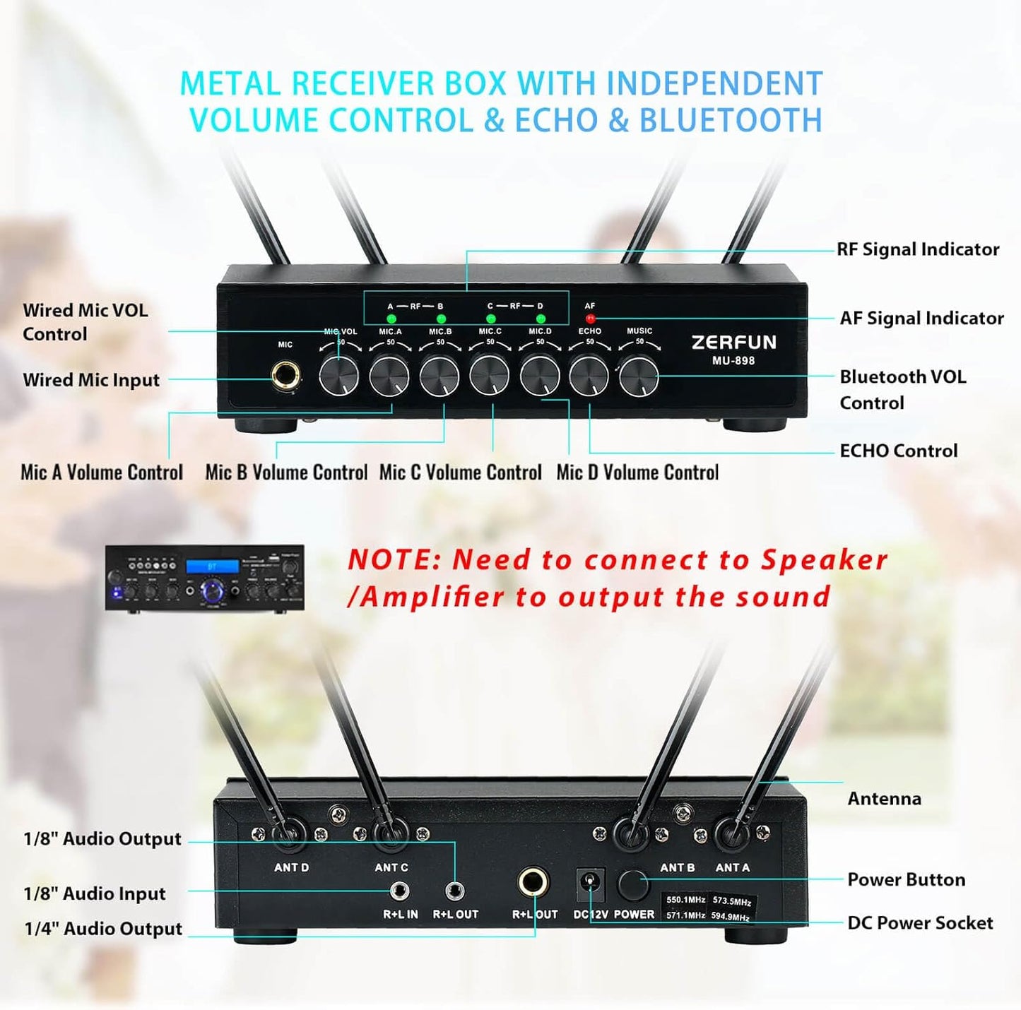 Pro Rechargeable Wireless Microphone System 4 Channel, UHF Metal Handheld Wireless Microphones Cordless Mics with Echo Bluetooth VOL Channel Control for Karaoke Singing Church(MU-898)
