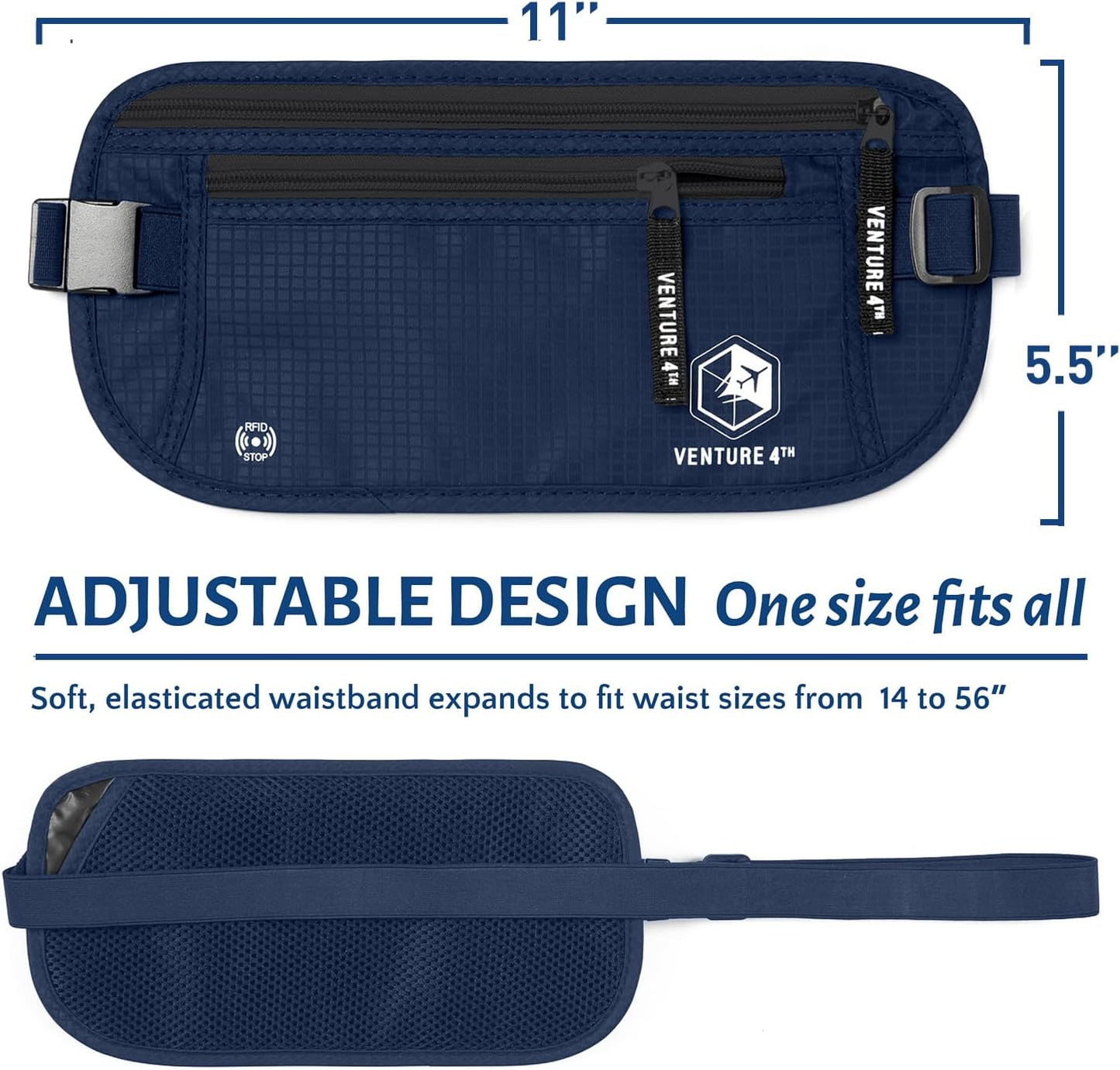 VENTURE 4TH Travel Money Belt - Slim Passport Holder RFID Blocking Travel Pouch to Protect Cash, Credit Cards and Travel Documents (Navy Blue)