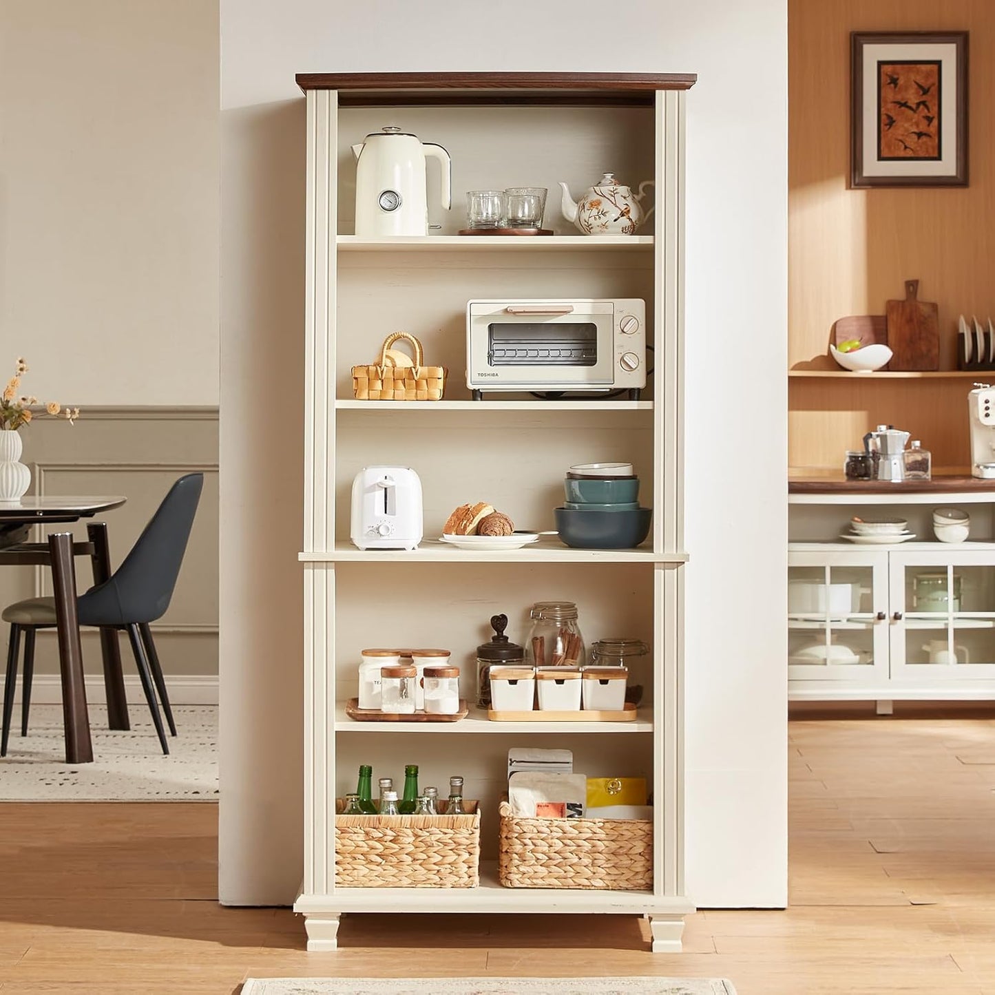 70" Tall White Bookshelf,5 Tier Wood Book Shelf with Adjustable Shelves & Wood Legs,Free Standing Farmhouse Bookcase with Open Display Storage,Vintage Kids Bookshelves for Nursery,Bedroom