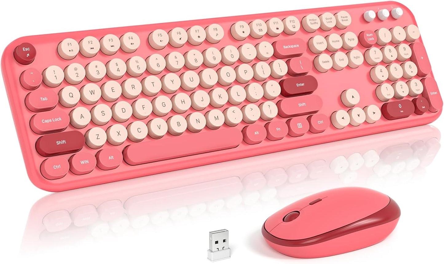 Wireless Keyboard and Mouse Combo, 2.4Ghz USB Retro Full Size Typewriter Keyboard and Cute Mouse Set for Windows 7/8/10, Laptop, Desktop, PC, Computer