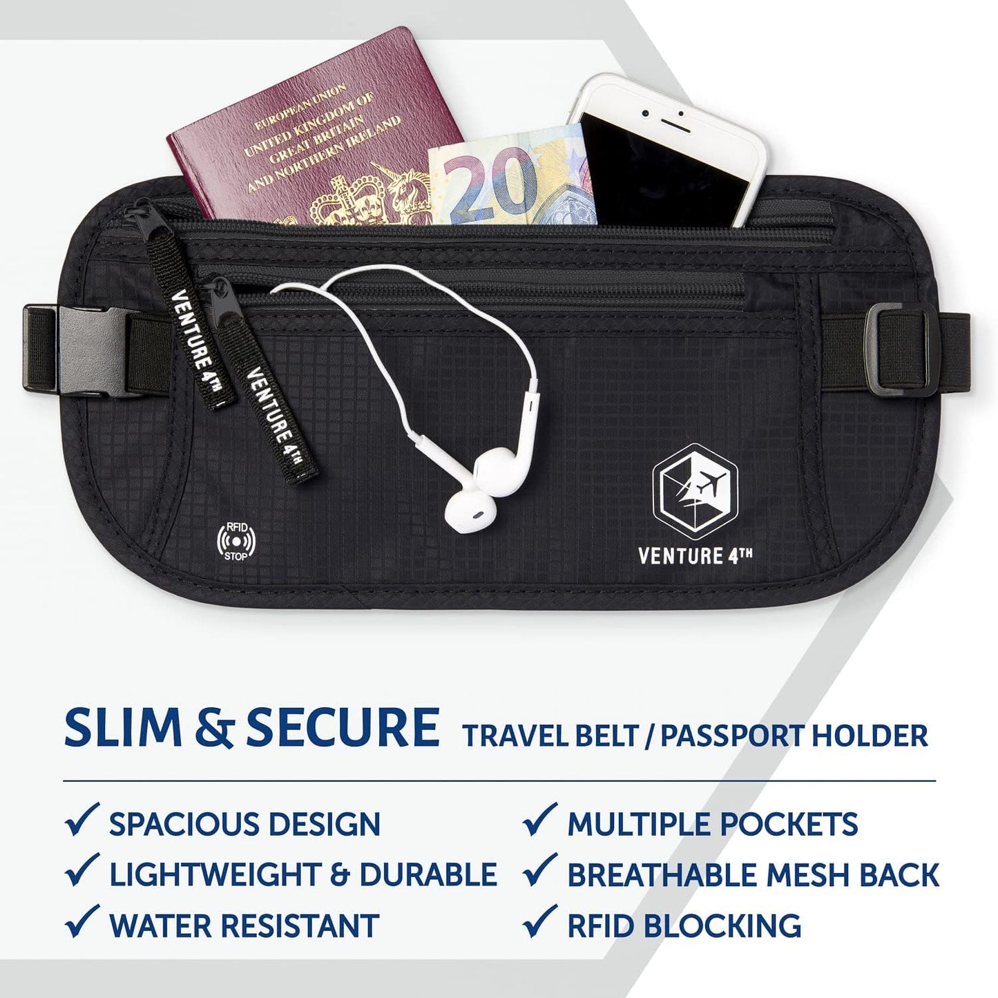 VENTURE 4TH Travel Money Belt - Slim Passport Holder RFID Blocking Travel Pouch to Protect Cash, Credit Cards and Travel Documents (Pure Black)
