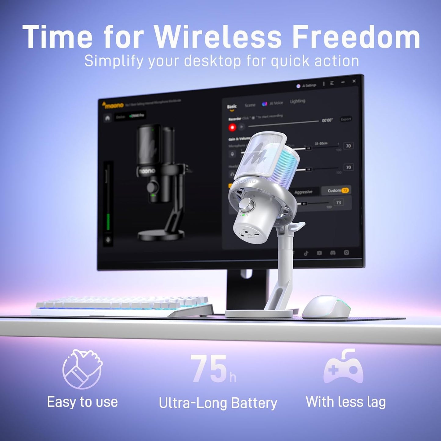 MAONO Wireless Microphone for PC, Condenser USB Mic with Software AI Voice Change,3-Level Noise Cancellation,Custom EQ, RGB Gaming Streaming Mic for Podcast PS5 PS4 Twitch YouTube (DM40 Pro-White)