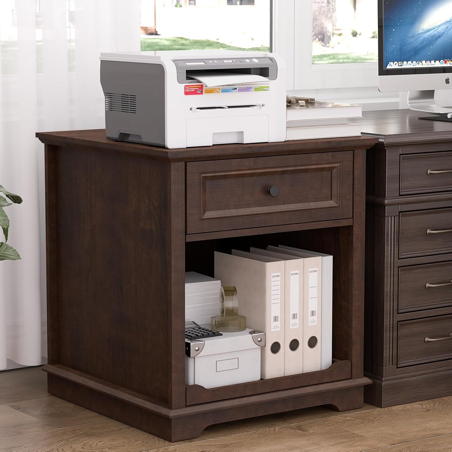 Lateral File Cabinet 3 Drawer File Cabinet with Charging Station, Wood Lateral Filing Cabinet, Printer Stand with Open Adjustable Storage Shelves for Home Office, Cherry