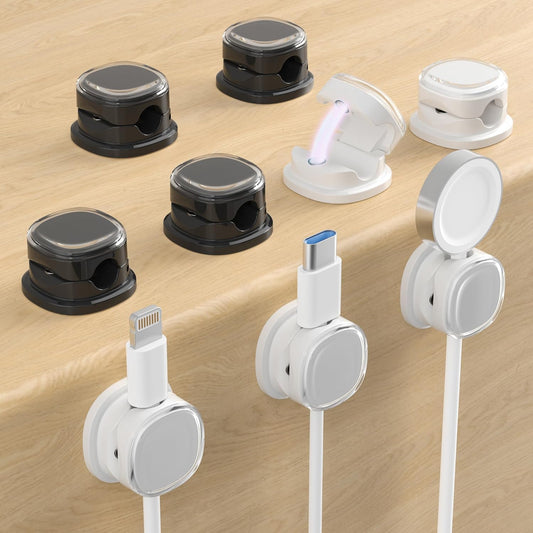 Magnetic Cable Clips, Adjustable Cord Holder Management, Adhesive Wire Keeper Organizer for Home Office Desk Phone PC Car Wall Desktop Nightstand Appliance (9-PCS White & Black)