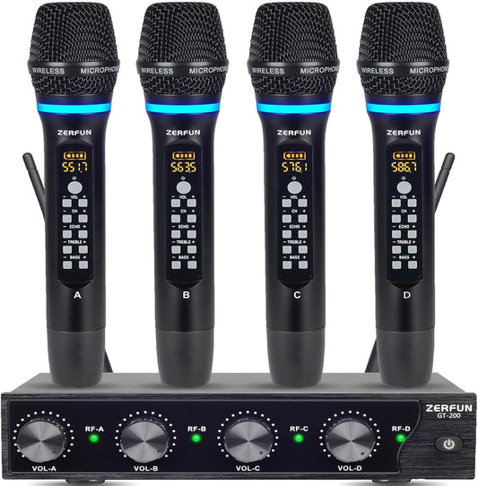 4 Channel Rechargeable Wireless Microphone System, Pro UHF Metal Handheld Wireless Microphones Cordless Mics with Echo Treble BASS VOL Channel Control for Karaoke Singing Church(GT-200)