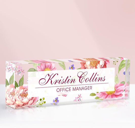 Custom Name Plate for Desk, Acrylic Office Decor For Women Men, Personalized Office Desk Accessories, Teacher Employee Appreciation Gifts For Social Worker Boss Coworkers (Flowers-3)