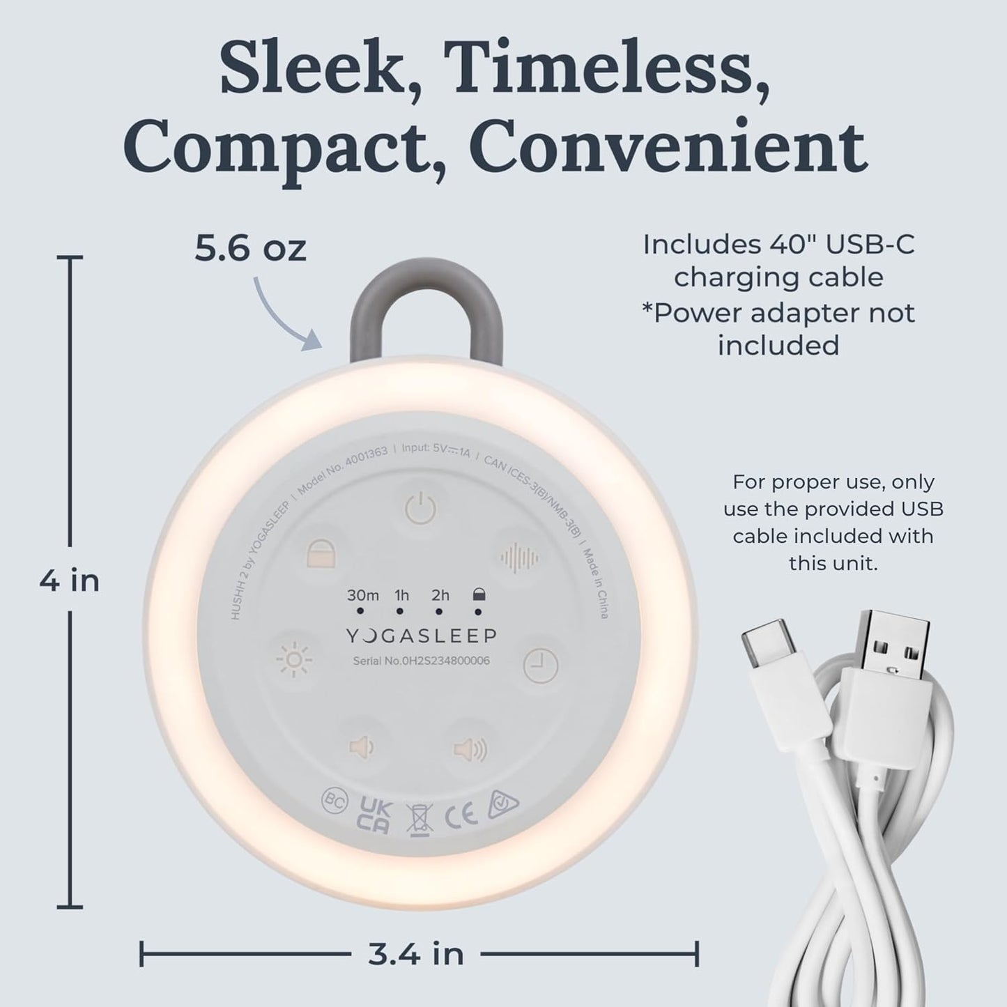 Yogasleep Hushh 2 Portable Sound Machine (Grey) for Baby and Kids, Backlit Buttons & Night Light, Durable, 6 Soothing Natural Sounds, Easy to Use Timer, Volume Control & Toddler Lock, Noise Canceling