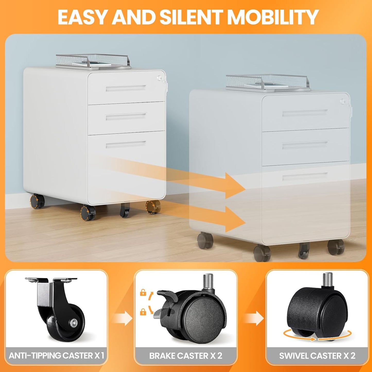 3 Drawer File Cabinet, Fully Assembled Mobile File Cabinets with Lock for Home Office, Metal Rolling Filing Caninet on Wheels, Three Drawer Under Desk Cabnet for Letter/Legal / A4 - White