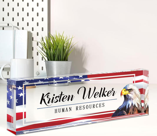 Name Plate for Desk, Desk Name Plate Personalized, Office Decor for Women Men, Acrylic Desktop Accessories, Office Appreciation Gifts for Boss Social Workers Teacher Employee Nurse (Flag B)