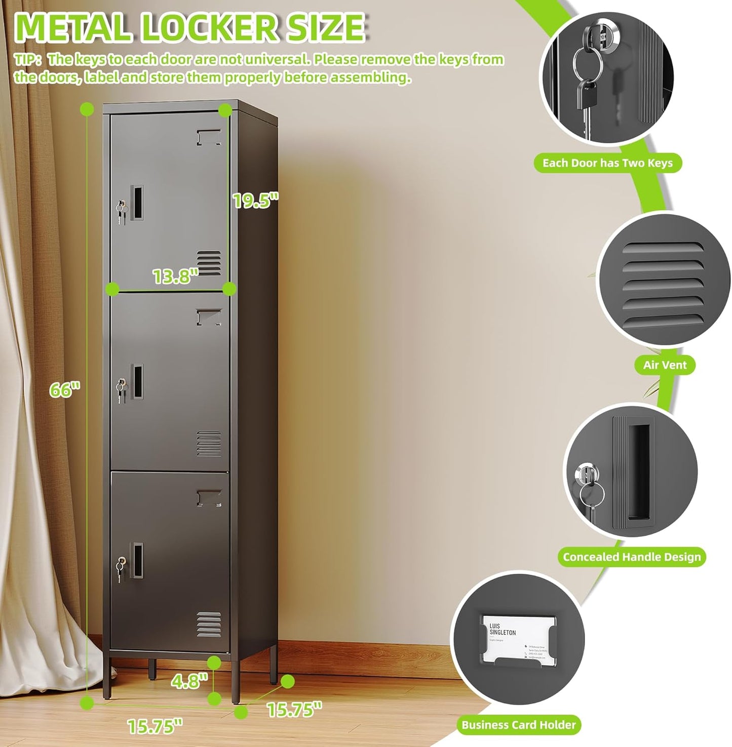 Aobabo 16" W 3 Door Metal Storage Locker with Lock, 66" H Steel Locker with Name Card Holder and Metal Hook for School, Home, Office, Playroom, Assembly Required, Black