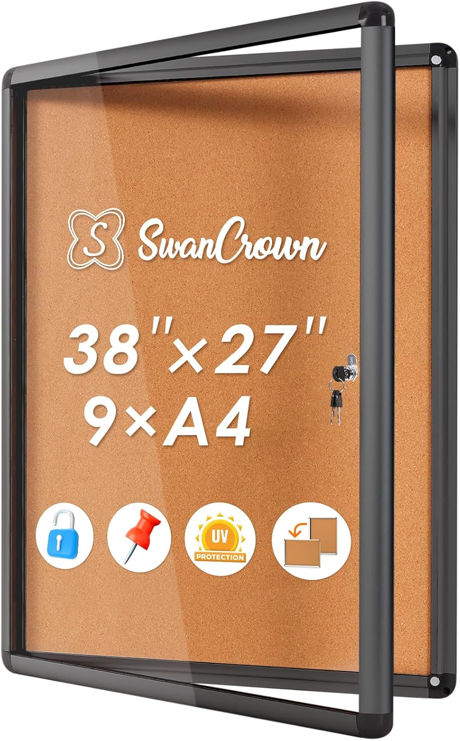SWANCROWN Enclose Bulletin Board Case School Cork Noticeboards Cabinet with Locking Door and Keys,38x28 inch (9xA4)