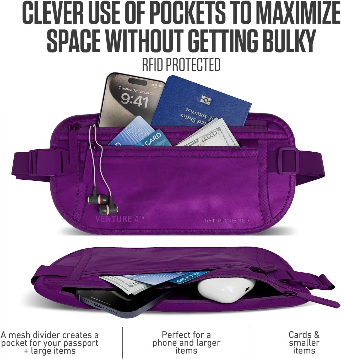 Travel Money Belt, RFID Blocking for Men & Women - Ideal for Keeping Your Cash, Credit Card, Passport, Phone Safe When Traveling (Sleek Purple)