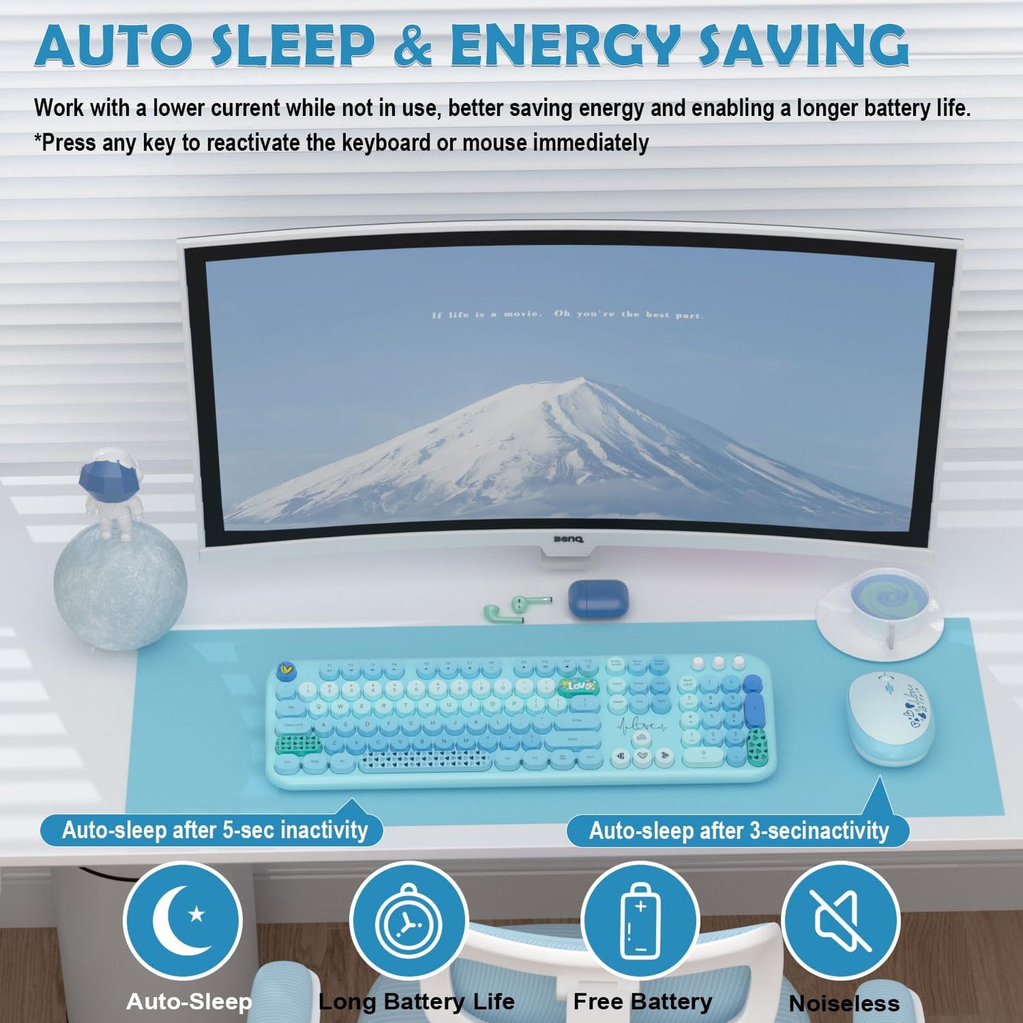 Wireless Keyboard Mouse Combo, MOFII 104 Round Keys Lovely Full-Size Cute Colorful Keyboard and Mouse with Retro Typewriter for PC/Mac/Laptop/Tablet/Computer/Windows Blue