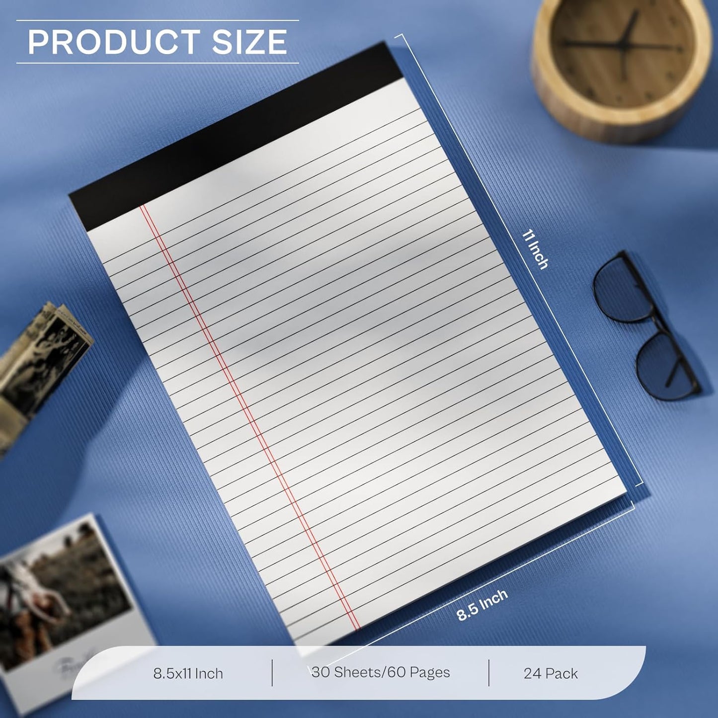 24 Pack White Note Pads 8.5x11, Wide Ruled Legal Pads 8.5 x 11 Writing Pad, Micro Perforated Notepad 8.5'' x 11'' Lined Paper Pads, Thickness Paper with Strong Cardboard, 30 Sheets per Pad