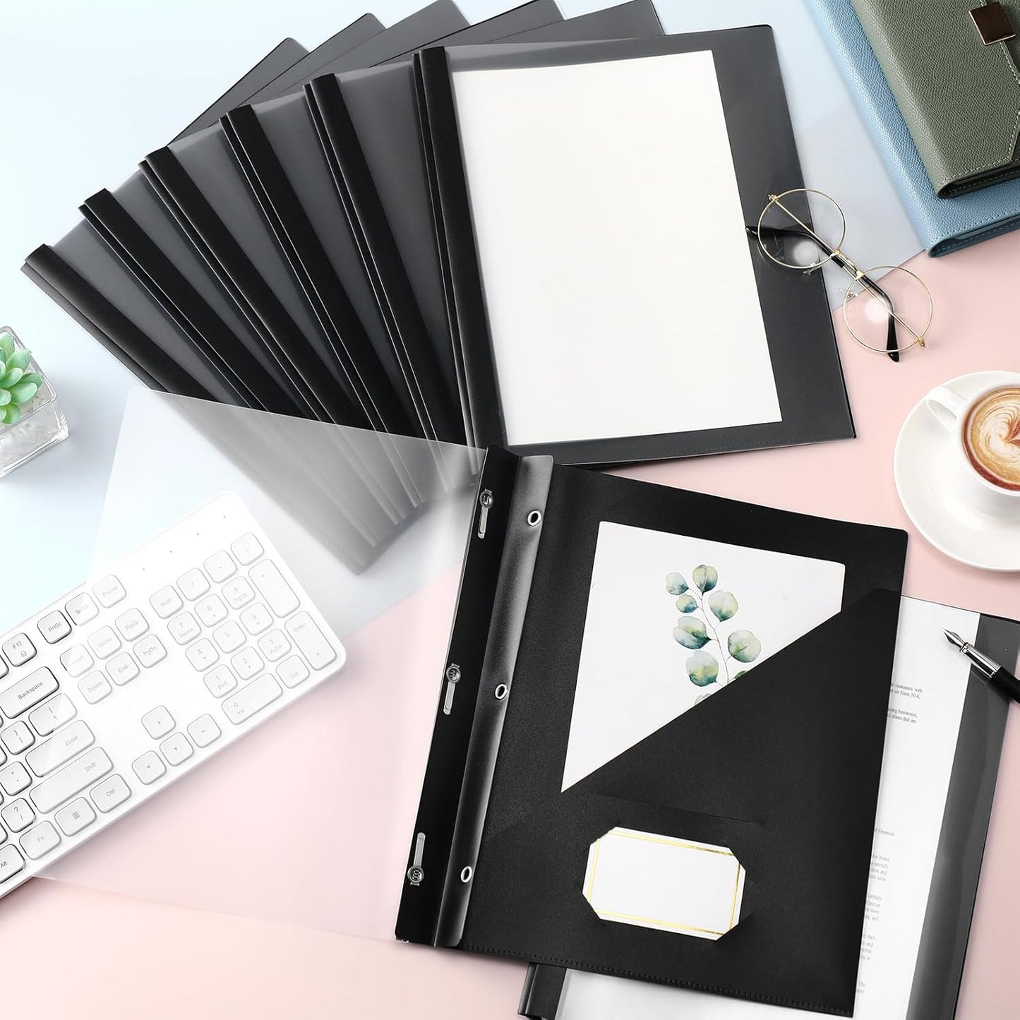 Patelai 48 Pcs Plastic Folders with 2 Pockets and 3 Prongs Home Folders with Card Slot Letter Size Heavy Duty Report Covers for Back to School(Black,Simple Style)