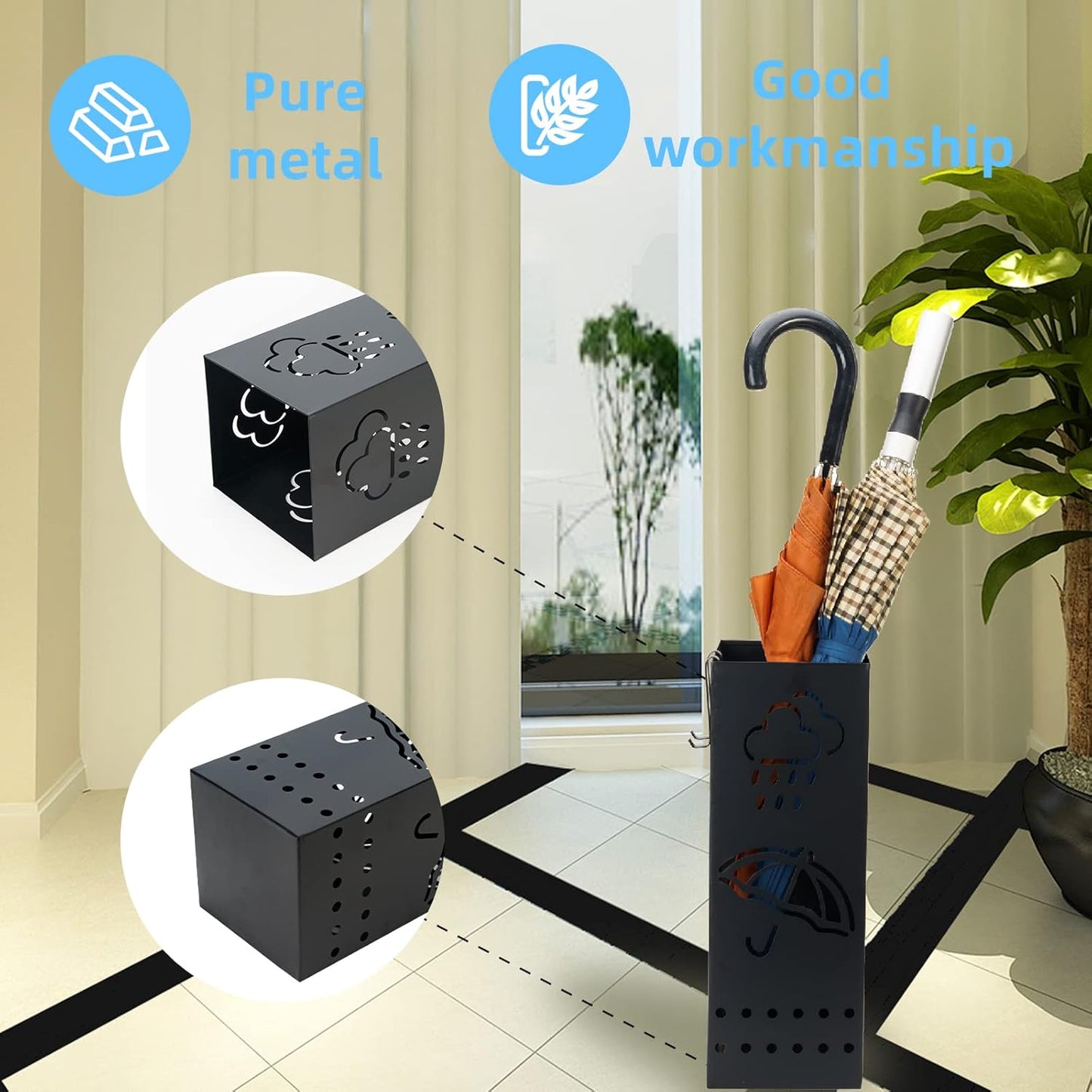 Umbrella Stand Rack for Entryway, Black Square Metal Umbrella Holder, Free Standing Umbrella Storage Organizer Bin with for Home Office Hotel Decor, 6 x 6 x 17 Inch, Hold 6 Umbrellas