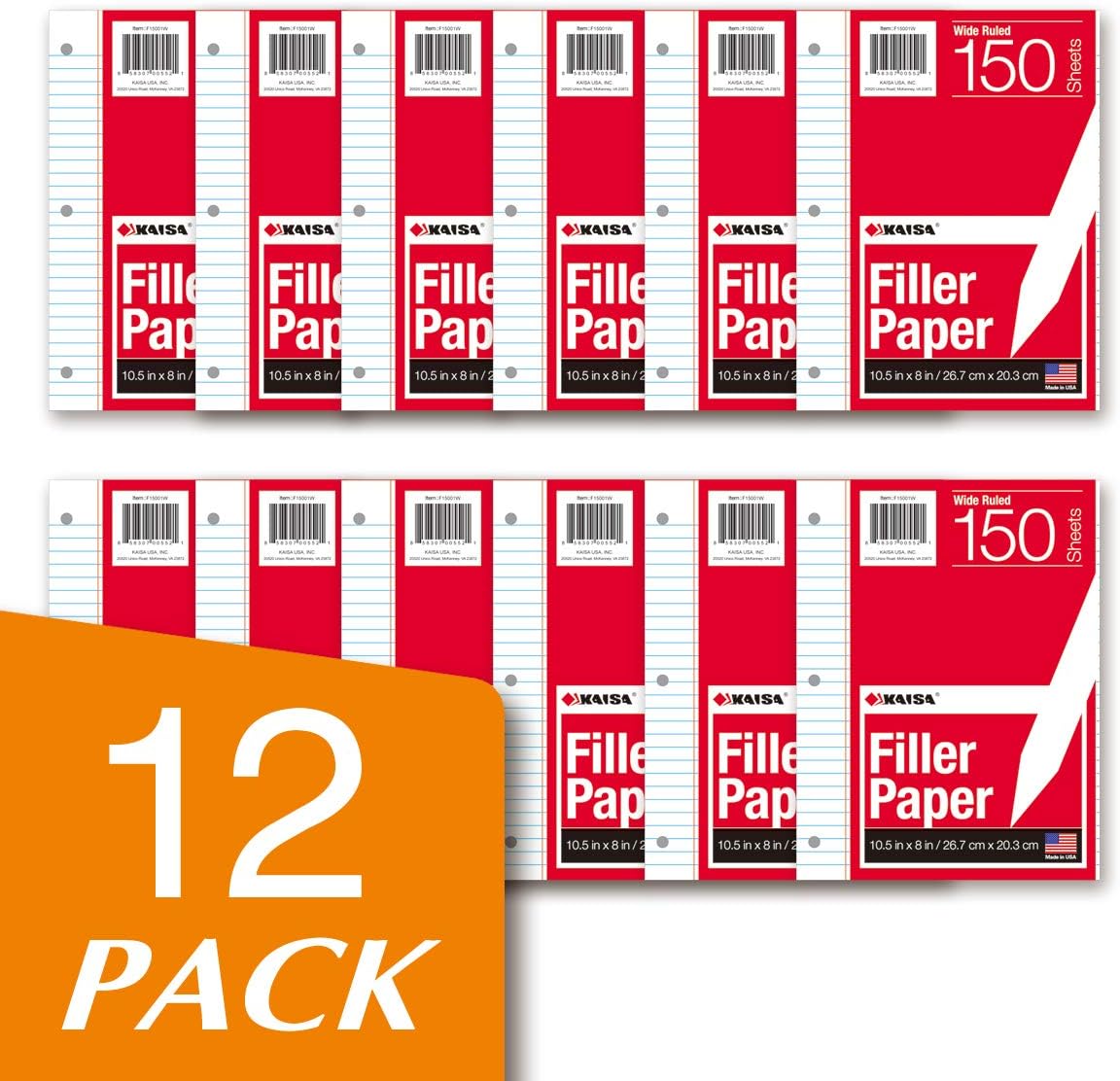 Kaisa loose Leaf Paper Filler Paper 150 Sheets 8"x10.5",Wide Ruled, 3-Hole Punched for 3-Ring Binders, Carton of 12pack