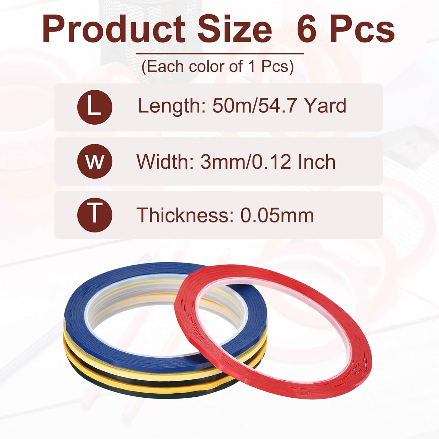 MECCANIXITY 6 Rolls Whiteboard Tape Graphic Chart Tape 3mm 54.7 Yard Art Tape Thin Pinstripe Tape Masking Tape for Gift Wrapping Craft Supplies, Red, Green, Blue, Yellow, Black, Light Yellow