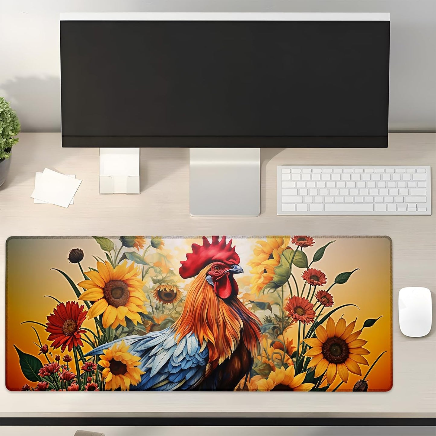 Rooster and Sunflowers Gaming Mouse Pad Gifts 31.5" x 11.8", Non-Slip Rubber Base MousePads for Computers Laptop School Office Home Accessories Decor, Mouse Pad, Keyboard Desk Mat