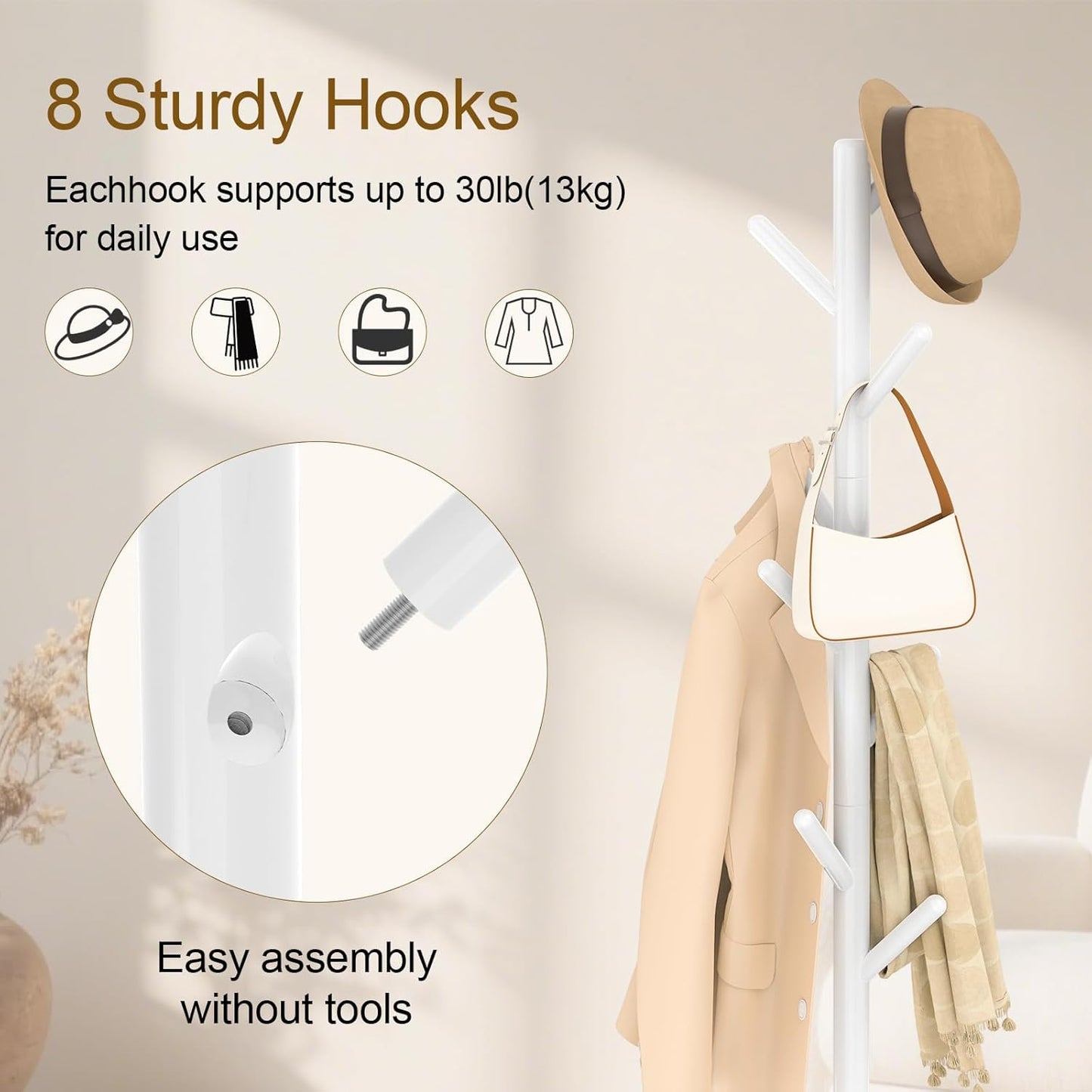 Coat Rack Freestanding with Stable Square Base for Cloathes, Hat, Used in Bedroom, Office and Entryway, Sturdy and Easy Assembly Coat Tree with 3 Adjustable Sizes and 8 Hooks, White