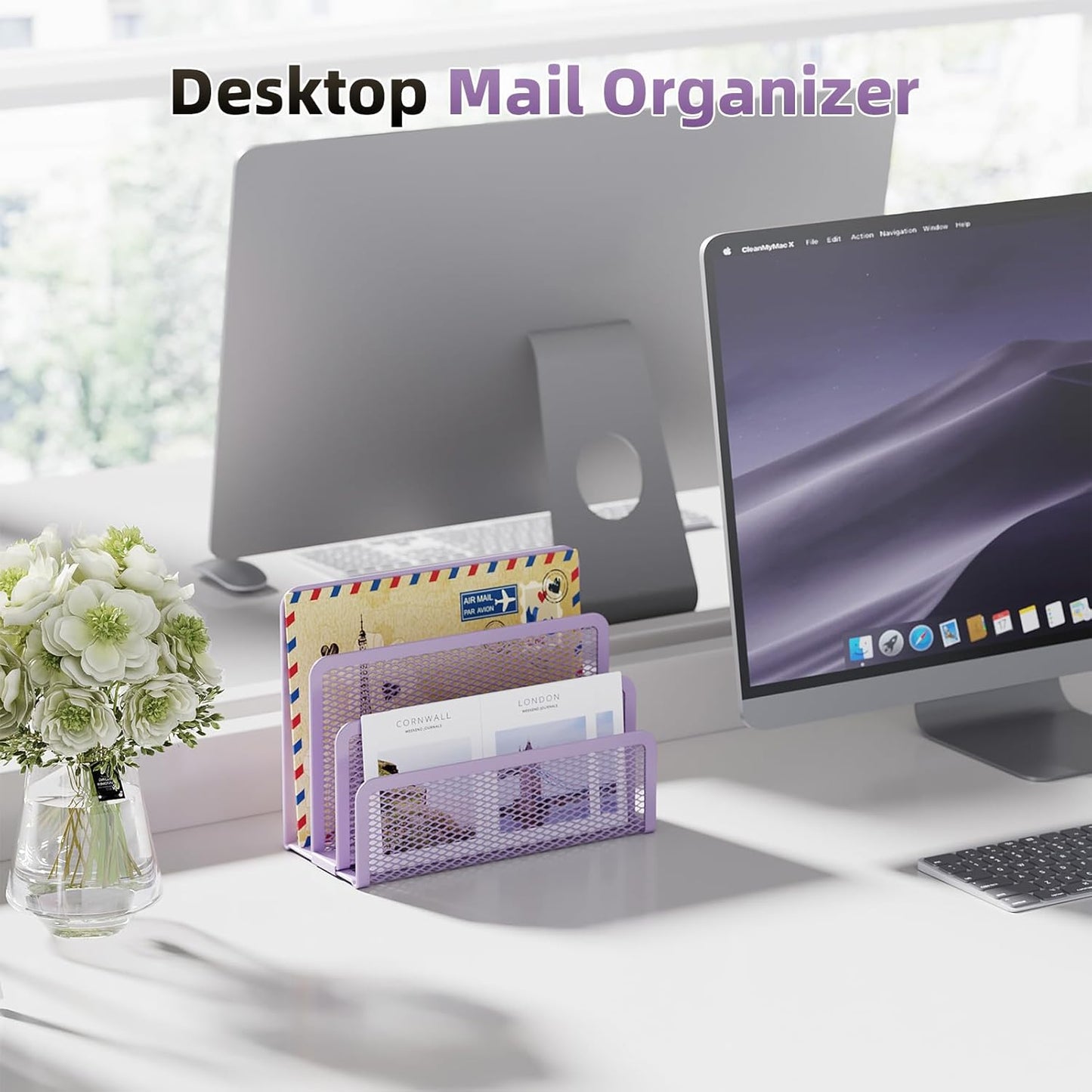 Marbrasse Mail Organizer for Desk, 3-Slot Mesh Metal Mail Holder countertop, Letter Holder, Office Desktop Envelope and Document Storage Rack (Purple)