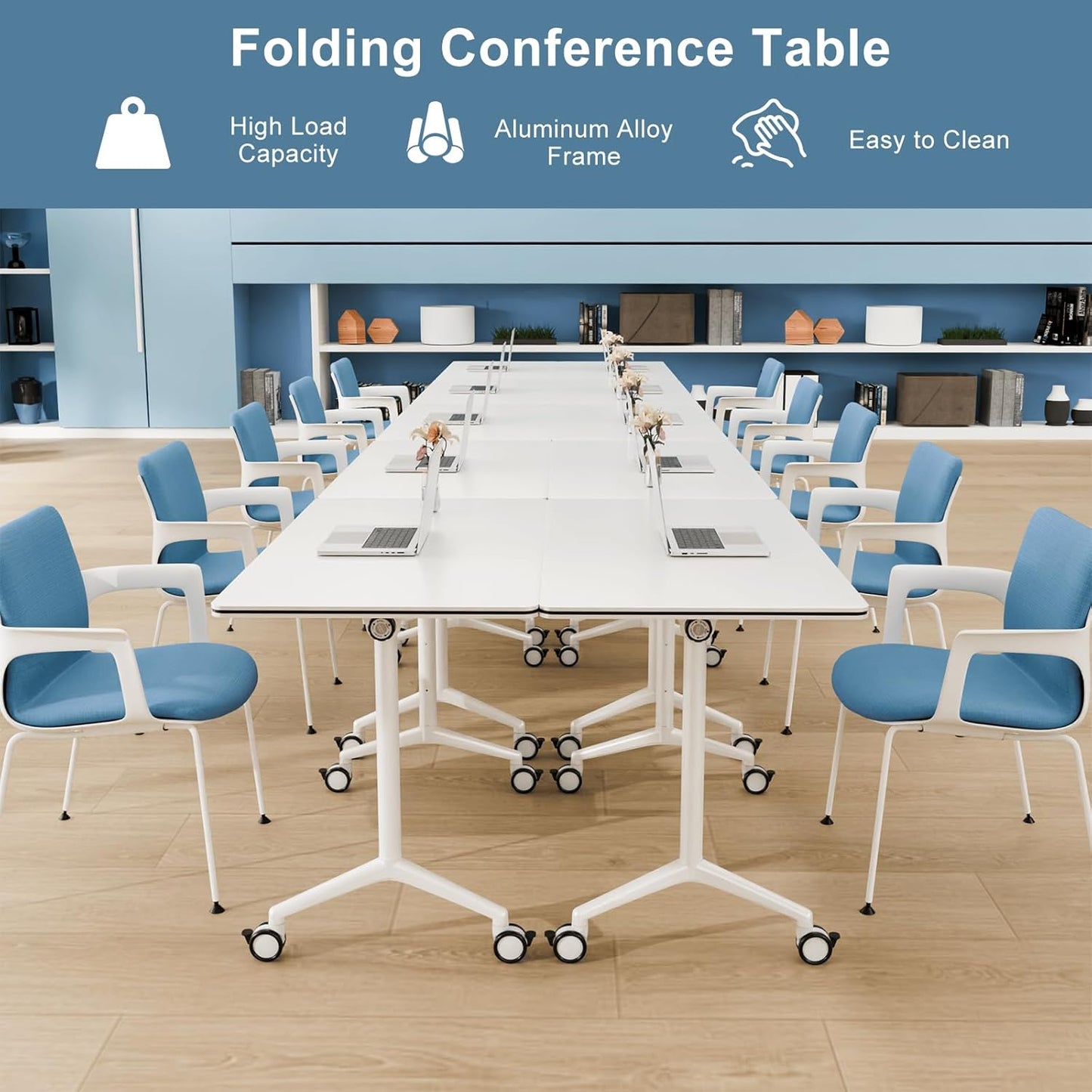 2Pack Folding Conference Room Table, Modern Conference Tables with Silent Wheels, Large Rectangular Mobile Training Tables for Office Classroom, Foldable Modular Seminar Table White (L63in)