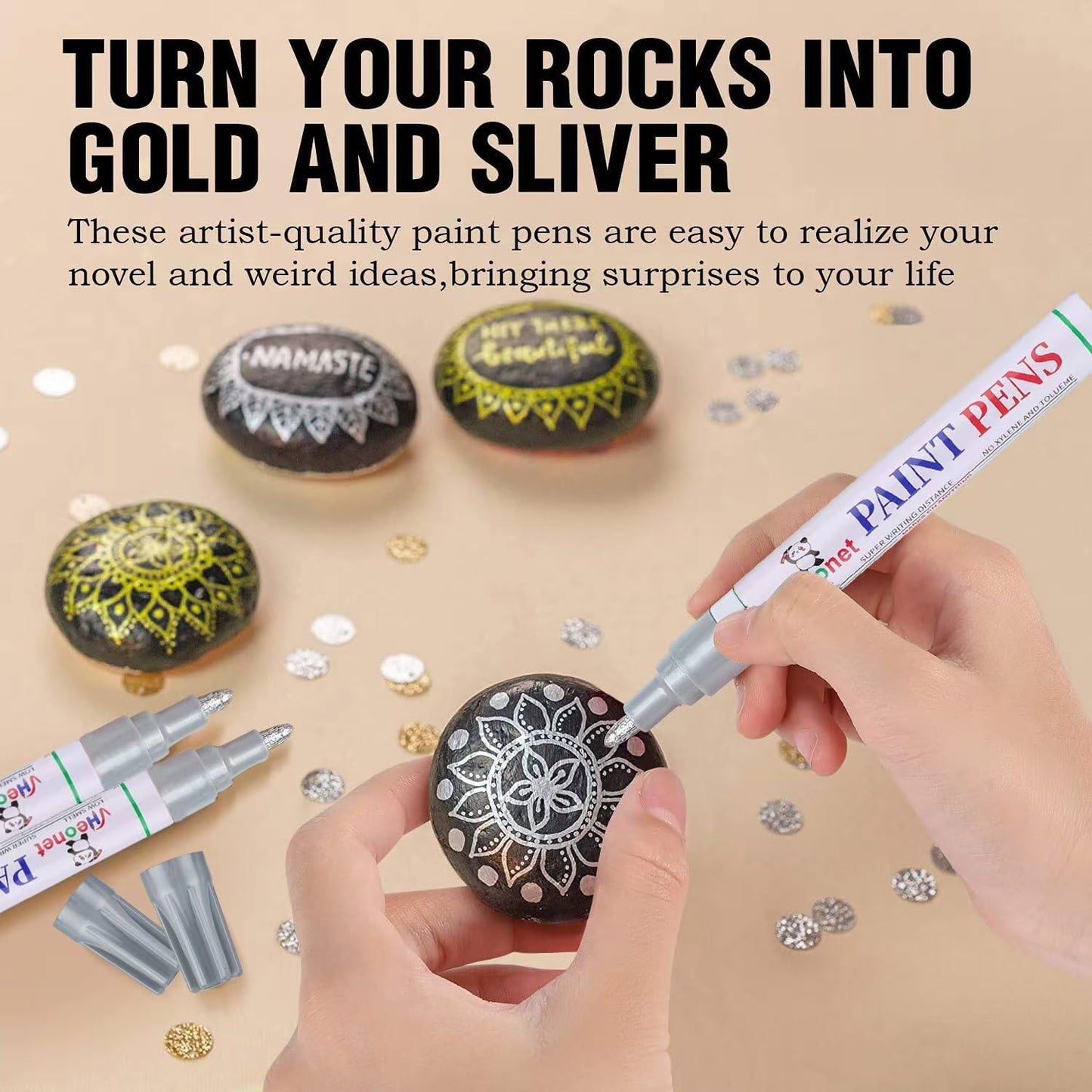 Sliver Paint Pens marking pens Permanent Markers - 6 Pack Oil Based Waterproof Markers for Tire, Rubber,Wood, Rocks, Metal, Canvas,Plastic, Dark Surface,Craft office Supplies,Medium Point