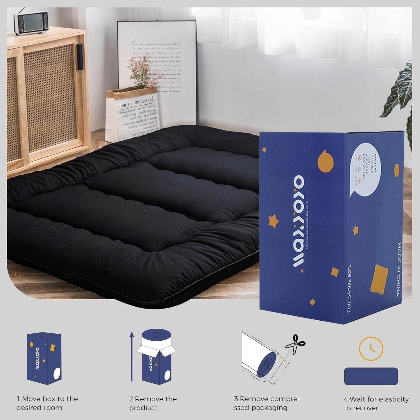 MAXYOYO Japanese Floor Mattress Futon Mattress, 4" Thicken Tatami Mat Sleeping Pad Foldable Roll Up Mat Boys Girls Dormitory Pad Kids Floor Lounger Pillow Bed, Black, Twin Size