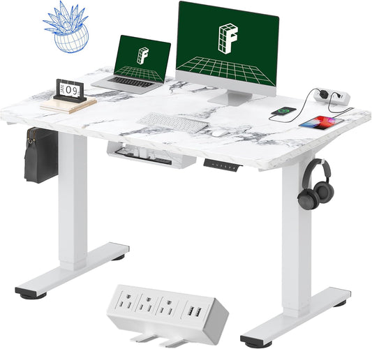 FLEXISPOT EN2 Whole-Piece Standing Desk with Clamp Power Strip, 48 x 30 Electric Stand Up Height Adjustable Desk with Cable Management (White Frame + 48" Marble Gray Top, 2 Packages)