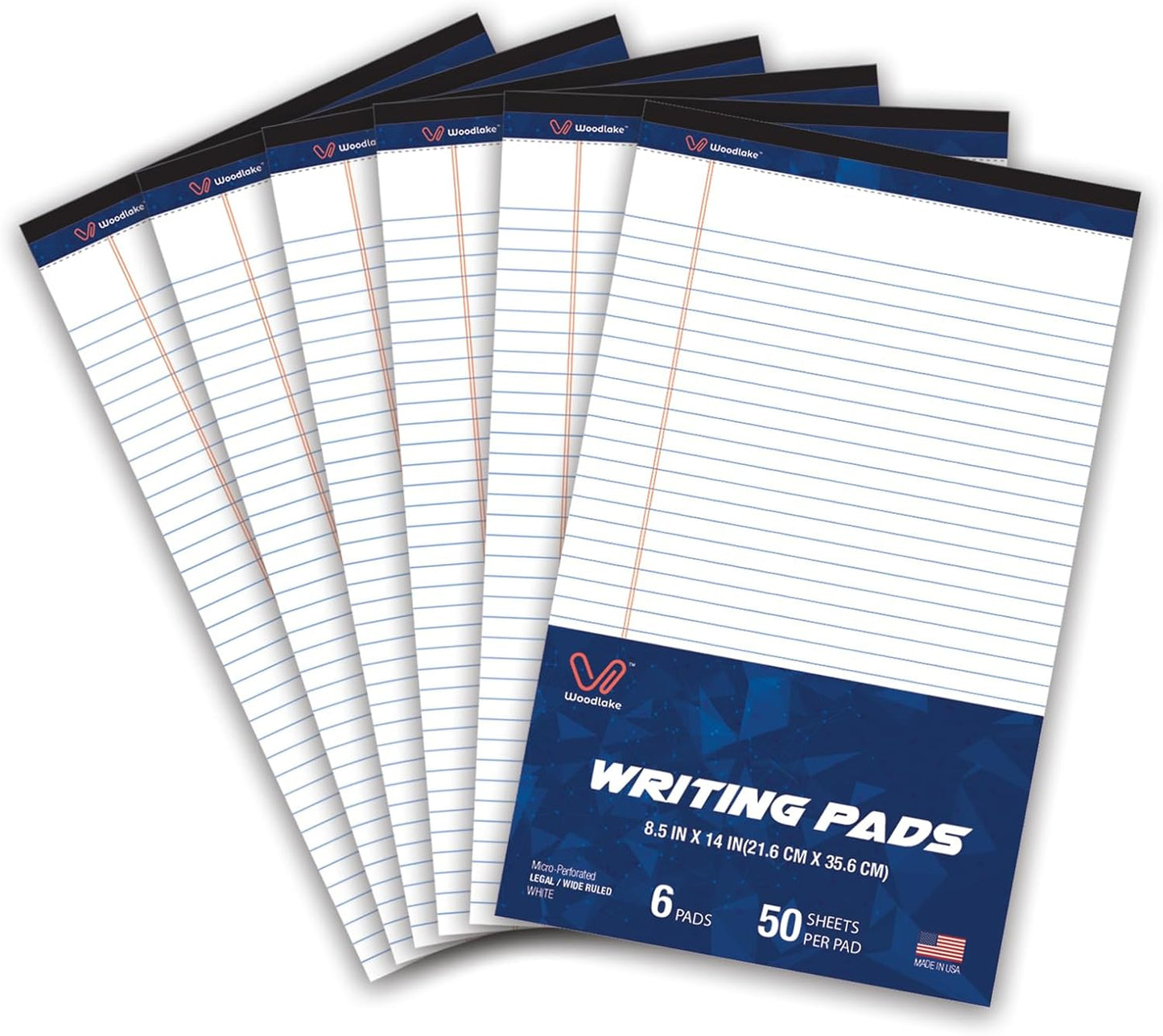 Woodlake Legal Pads 8.5 "x 14" – 6‑Pack, Wide Ruled, Premium White Paper Pad No ink Bleed, Micro‑Perforated Writing Pads,50 Sheets, Legal Size Note pads for School, Office & Home, Made in USA