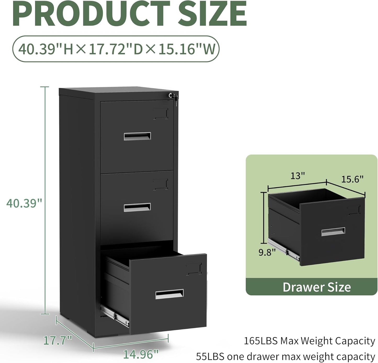 3-Drawer Locking Vertical File Cabinet, Metal Storage Cabinet for Office/Home – Secure Vertical Filing for Letter/Legal/A4/F4 Documents, Easy to Assemble Steel Cabinet, Black (Black, 3 Drawer-15W)