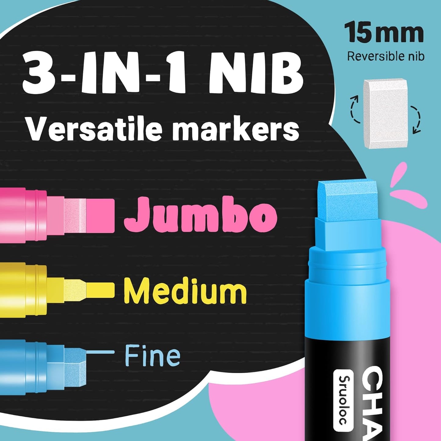 Window Chalk Markers for Glass Washable, 20 Colors Jumbo Liquid Chalk Marker with 15mm 3 in 1 Nib Thick Wide Tips, Big Chalkboard Markers, Car Paint Pen for Auto, Bistro, Mirror, Poster, Blackboards