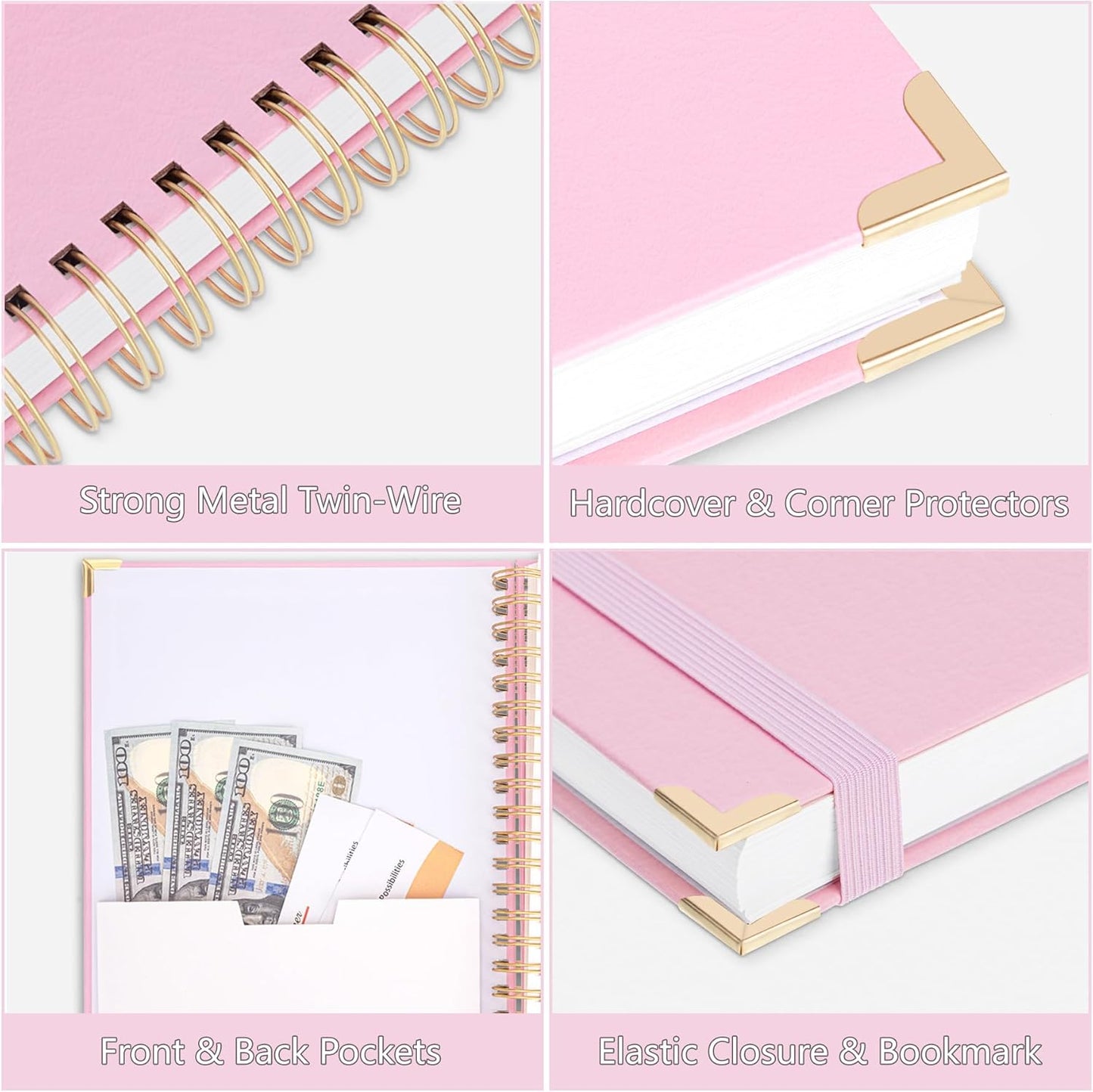HAUTOCO Spiral Notebook 8.5"x 11", College Ruled Leather Notebook Journal with 320 Pages, A4 Pink Hardcover Notebook, 100 GSM Paper, Lined Paper Journaling Notebooks for Women Work School Office