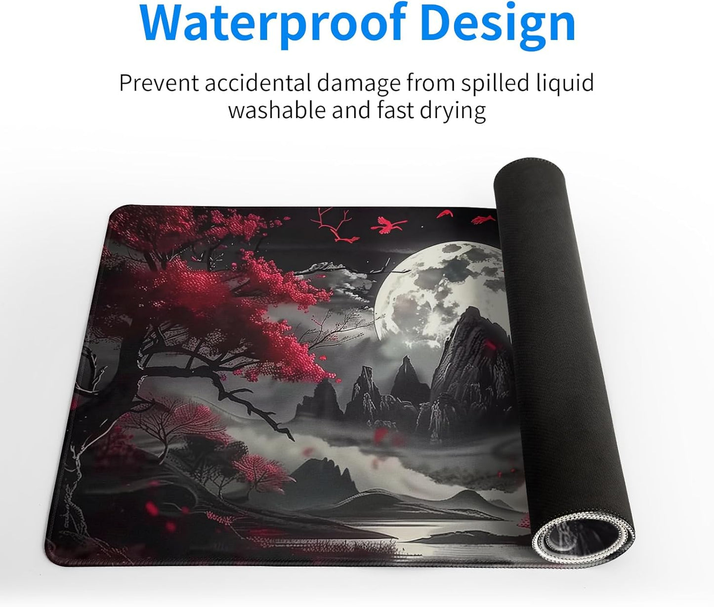 Mousepad 31.5 x 11.8 inches, Large Gaming Mouse Mat with Non-Slip Base, Extended Anime Mouse pad, Full Keyboard Mat with Stitched Edges for Gaming and Office (Red Moon)