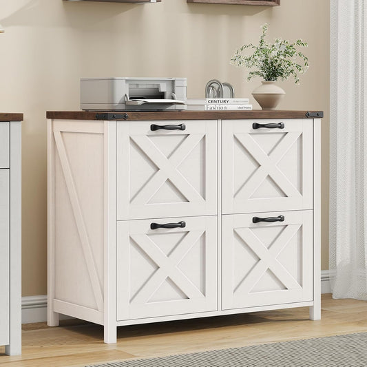 Lateral File Cabinet with 4 Drawers, Farmhouse File Cabinet for Letter/A4 Size Hanging Files, Large Wood File Storage Cabinets Printer Stand for Home Office Cabinets, Rustic White