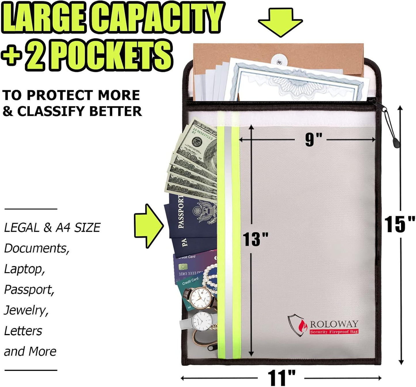 ROLOWAY Fireproof Document Bag (15 x 11 inch) with 2 Pockets, Fire Safe Envelope Bag for Cash, Legal Documents (Silver)