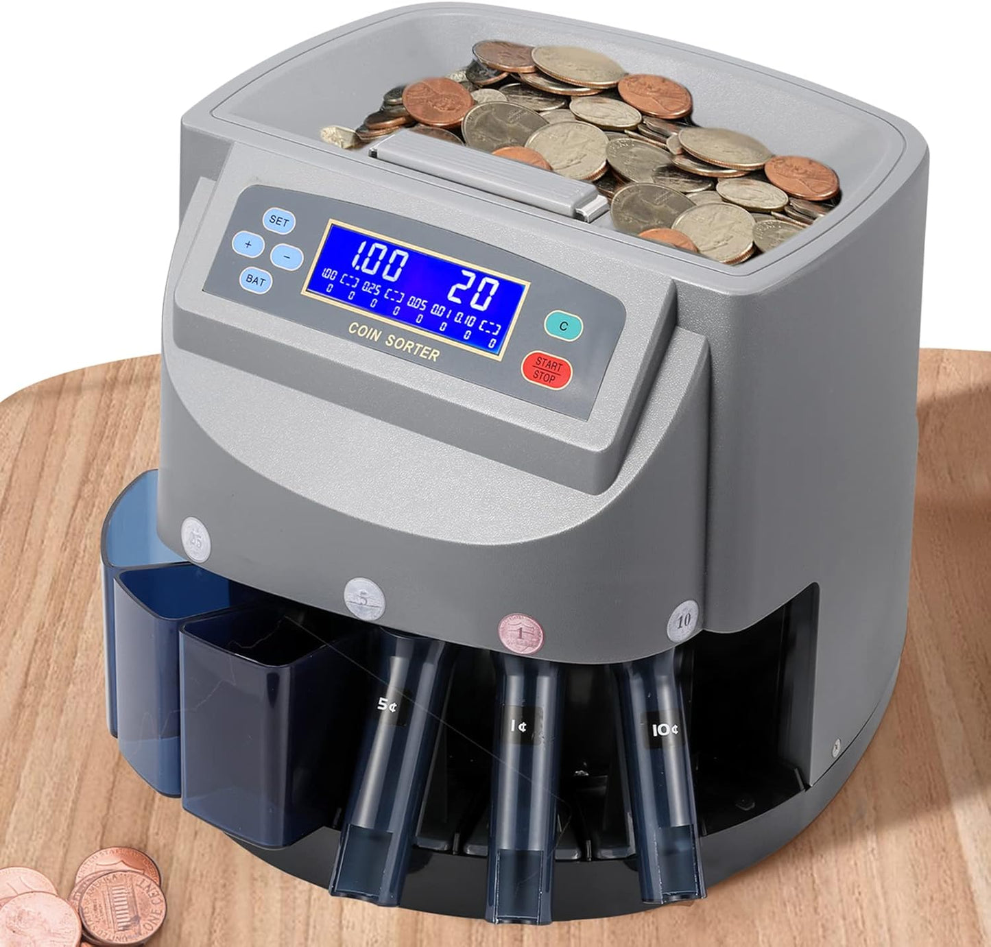 US Coin Counter Machine, Auto Coin Sorter/Wrapper/Roller Machine for Coins 1¢, 5¢, 10¢, 25¢, 1 Dollar, Max. Counting Speed 250 Coins/min, with Coin Bins&Tubes and Coin Roll Wrappers