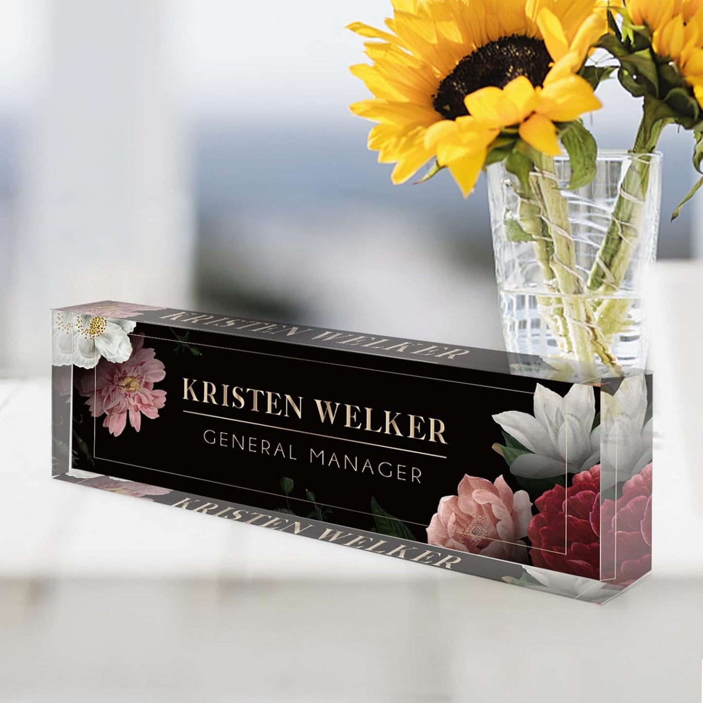 Desk Name Plate Personalized, Premium Hibiscus Acrylic Desk Name Plate, Personalized Name Plate for Desk, Office Decor for Women or Men Coworkers, Boss, Employee, Teacher