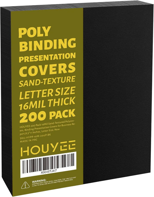 HOUYEE 200 Pack 16 Mil Poly Binding Covers,Sand Texture Binding Presentation Covers,8.5x11 Inches,Letter Size,Black,Square Corners,Un-Punched